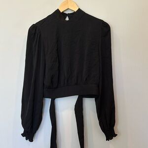 H&M long sleeve black satin cropped shirt, back tie, size 6, never worn